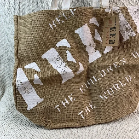Clarins Burlap Canvas Tote Bag 7 FEED The Children Of The World 15X18X6" Shopper - Picture 2 of 15